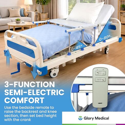 سرير مستشفى شبه كهربائي من Glory Medical PAM-3SE - 3 أسرة مستشفى كهربائية قابلة للتعديل للاستخدام المنزلي - أدوات تحكم وعجلات قفل وقضبان، تتضمن المجموعة مرتبة إسفنجية وصينية سرير وملاءتين in Kuwait