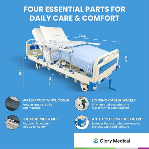 سرير مستشفى شبه كهربائي من Glory Medical PAM-3SE - 3 أسرة مستشفى كهربائية قابلة للتعديل للاستخدام المنزلي - أدوات تحكم وعجلات قفل وقضبان، تتضمن المجموعة مرتبة إسفنجية وصينية سرير وملاءتين in Kuwait