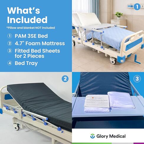 سرير مستشفى شبه كهربائي من Glory Medical PAM-3SE - 3 أسرة مستشفى كهربائية قابلة للتعديل للاستخدام المنزلي - أدوات تحكم وعجلات قفل وقضبان، تتضمن المجموعة مرتبة إسفنجية وصينية سرير وملاءتين in Kuwait