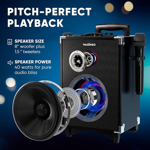 آلة كاريوكي ماسينجو للبالغين والأطفال، مكبر صوت 40 وات مع مكبر صوت 8 بوصات، 2 ميكروفونات لاسلكية، بلوتوث، USB، MicroSD، راديو FM، اتصال تلفزيون، حامل الكمبيوتر اللوحي، وضع الكاريوكي في الوقت الحقيقي، سوبرانو X2 in Kuwait
