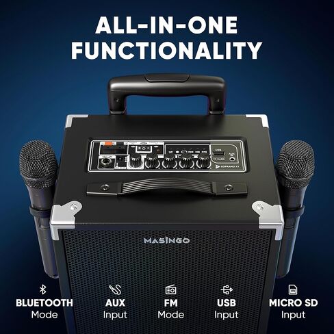 آلة كاريوكي ماسينجو للبالغين والأطفال، مكبر صوت 40 وات مع مكبر صوت 8 بوصات، 2 ميكروفونات لاسلكية، بلوتوث، USB، MicroSD، راديو FM، اتصال تلفزيون، حامل الكمبيوتر اللوحي، وضع الكاريوكي في الوقت الحقيقي، سوبرانو X2 in Kuwait