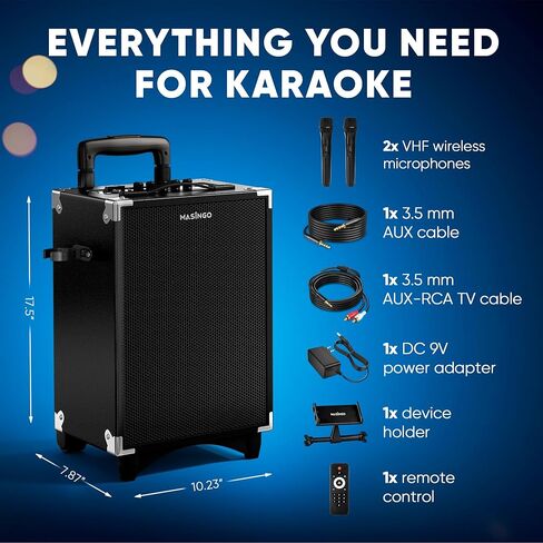 آلة كاريوكي ماسينجو للبالغين والأطفال، مكبر صوت 40 وات مع مكبر صوت 8 بوصات، 2 ميكروفونات لاسلكية، بلوتوث، USB، MicroSD، راديو FM، اتصال تلفزيون، حامل الكمبيوتر اللوحي، وضع الكاريوكي في الوقت الحقيقي، سوبرانو X2 in Kuwait