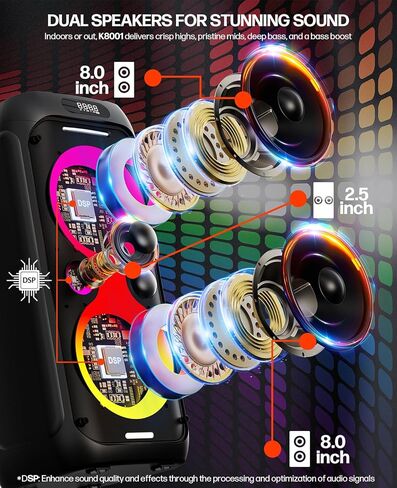 Karaoke Machine,Party Speaker Bass Boost w/Double 8" Woofer,Big Portable Bluetooth Speaker, 2 Wireless Microphone,24H/EQ/REC/RGB Light/Echo,Portable PA System for Outdoor Party, Home Gathering in Kuwait