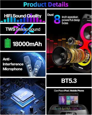 Karaoke Machine,Party Speaker Bass Boost w/Double 8" Woofer,Big Portable Bluetooth Speaker, 2 Wireless Microphone,24H/EQ/REC/RGB Light/Echo,Portable PA System for Outdoor Party, Home Gathering in Kuwait
