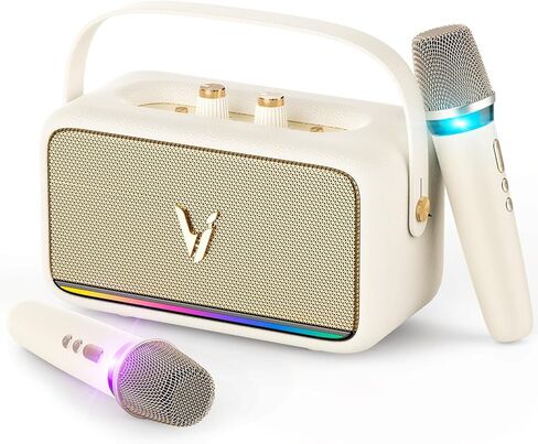 Karaoke Machine with 2 Wireless Mics & Soft Leather Wrap |mini Portable Bluetooth Speaker with 5 Voice Changer Modes for Home Party, AUX/USB/TF Support, for Kids and Adults in Saudi Arabia