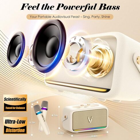 Karaoke Machine with 2 Wireless Mics & Soft Leather Wrap |mini Portable Bluetooth Speaker with 5 Voice Changer Modes for Home Party, AUX/USB/TF Support, for Kids and Adults in Saudi Arabia