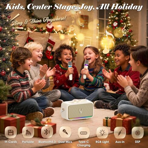 Karaoke Machine with 2 Wireless Mics & Soft Leather Wrap |mini Portable Bluetooth Speaker with 5 Voice Changer Modes for Home Party, AUX/USB/TF Support, for Kids and Adults in Saudi Arabia