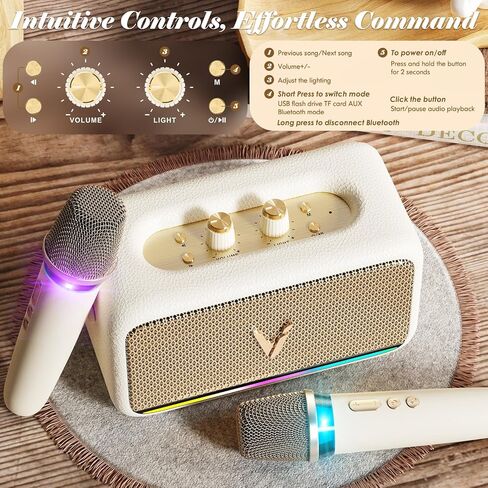 Karaoke Machine with 2 Wireless Mics & Soft Leather Wrap |mini Portable Bluetooth Speaker with 5 Voice Changer Modes for Home Party, AUX/USB/TF Support, for Kids and Adults in Saudi Arabia