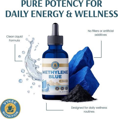 محلول Vykee Nutrition methylene Blue 1 بالمائة - مكمل سائل عالي النقاء لصحة الميتوكوندريا وإنتاج ATP - نباتي، غير معدّل وراثيًا، خالي من الغلوتين - 29.5 مل in Kuwait