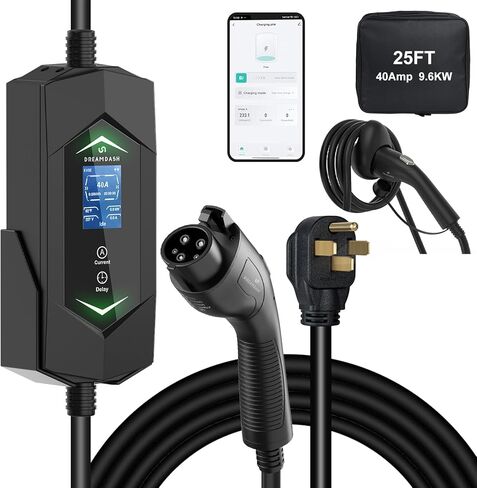 شاحن المستوى 2 EV لـ Tesla ، شاحن NACS EV مع سلك ETL مسبق 25 قدمًا ، 6A-40A AMP قابل للتعديل ، 40A 9.6KW الشحن السريع (110V-240V) ، NEMA 14-50 PLUC in Kuwait