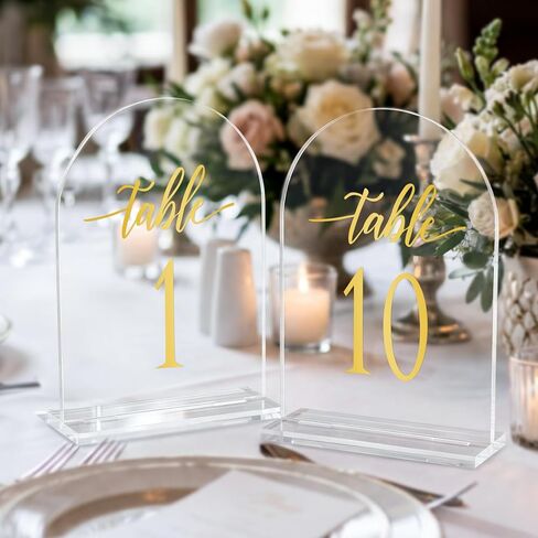 أرقام طاولة الزفاف المقوسة 1-10 مع حوامل، علامات أرقام طاولة أكريليك شفافة مقاس 5.5 × 7 بوصة بأرقام ذهبية، حاملات أرقام طاولة أنيقة لحفلات الزفاف والذكرى السنوية وأعياد الميلاد والحفلات والمناسبات in Kuwait