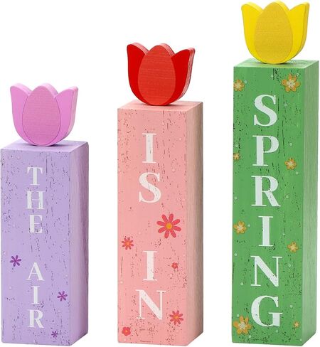 3 Pcs Spring Tulips Wood Table Decor Tulip Flower Block Signs Hello Spring Flowers Table Centerpieces Tulips Spring Holiday Decoration for Home Kitchen Office Desk Easter Decor in Saudi Arabia