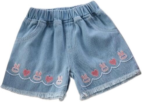 Toddler Baby Girls Denim Shorts Cute Embroidered Bunny Heart Jeans Shorts Kids Elastic Waist Raw Hem Jorts Summer Hot Pants in Saudi Arabia
