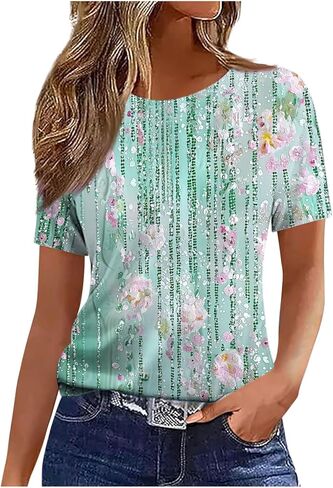 Floral Tops for Women Lightweight Short Sleeve Shirt Crew Neck Graphic Tshirt Summer Tunic Blouses for Vacation in Kuwait