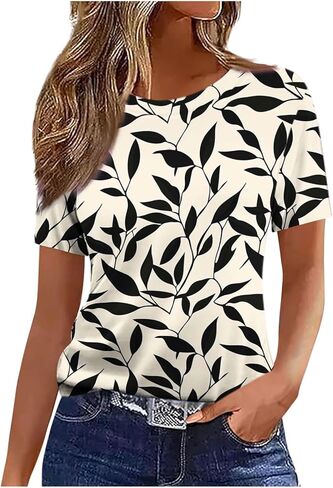 Floral Tops for Women Lightweight Short Sleeve Shirt Crew Neck Graphic Tshirt Summer Tunic Blouses for Vacation in Saudi Arabia