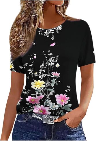 Floral Tops for Women Lightweight Short Sleeve Shirt Crew Neck Graphic Tshirt Summer Tunic Blouses for Vacation in Saudi Arabia