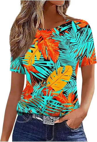 Floral Tops for Women Lightweight Short Sleeve Shirt Crew Neck Graphic Tshirt Summer Tunic Blouses for Vacation in Saudi Arabia