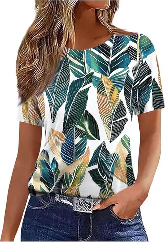 Floral Tops for Women Lightweight Short Sleeve Shirt Crew Neck Graphic Tshirt Summer Tunic Blouses for Vacation in Saudi Arabia