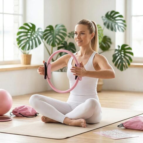 مجموعة بيلاتيس للسيدات - مجموعة معدات بيلاتيس عائلية مكونة من 19 قطعة، بما في ذلك حلقات بيلاتيس وإكسسوارات كرة صغيرة - مجموعة تمارين منزلية مناسبة للمبتدئين (ZZ-22) in Kuwait