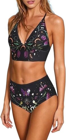 Women Bikini Set Two Piece High Waisted Tummy Control Bathing Swimsuit V Neck Witchy Celestial Floral Print Swimwear in Saudi Arabia