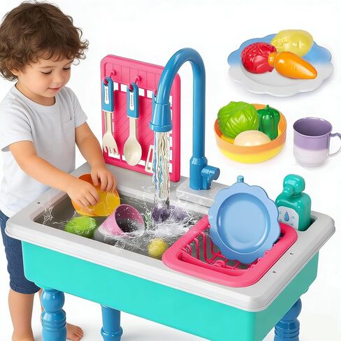 ألعاب Doloowee Color Dilling Kitchen Sink ، غسالة الصحون الكهربائية تلعب لعبة تلعب للعبث للأطفال 3-5 مع المياه الجارية ، وصنابير ترقية وأطباق التظاهر بلعب المطبخ للأطفال الفتيات (الأزرق) in Kuwait