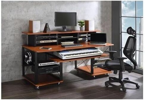 مكتب الموسيقى المعاصر من BOWERY HILL، لمسة نهائية من الكرز والأسود، هيكل MDF ومعدن، 72 بوصة × 30 بوصة × 40 بوصة، 6 مقصورات مفتوحة، صينية لوحة المفاتيح، إدارة السلك، صندوق مع رف للاستوديو أو in Kuwait