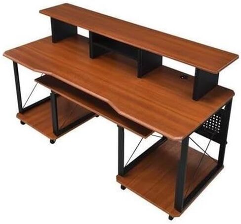 مكتب الموسيقى المعاصر من BOWERY HILL، لمسة نهائية من الكرز والأسود، هيكل MDF ومعدن، 72 بوصة × 30 بوصة × 40 بوصة، 6 مقصورات مفتوحة، صينية لوحة المفاتيح، إدارة السلك، صندوق مع رف للاستوديو أو in Kuwait