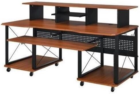 مكتب الموسيقى المعاصر من BOWERY HILL، لمسة نهائية من الكرز والأسود، هيكل MDF ومعدن، 72 بوصة × 30 بوصة × 40 بوصة، 6 مقصورات مفتوحة، صينية لوحة المفاتيح، إدارة السلك، صندوق مع رف للاستوديو أو in Kuwait