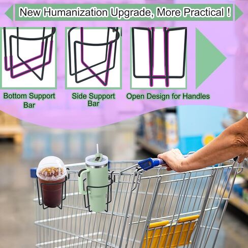 حامل أكواب عربة التسوق قابل لإعادة الاستخدام، قطعتان من حامل المشروبات المعدني المعلق مع قضيب سفلي، عربات البقالة، حامل أكواب القهوة، زجاجة مشروبات معلقة من ستانلي لقوافل التسوق في الهواء الطلق، والسفر، إلخ in Kuwait