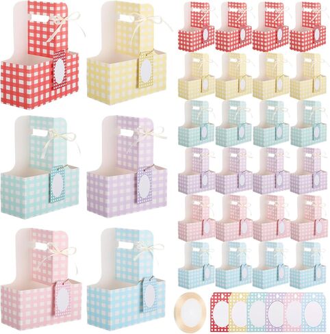 24 Sets 2 Cup Drink Carriers with Handles Cards Easter Gingham Cup Holders for Drinks Flowers Women Gifts Wedding Birthday Party Supplies(Pastel) in Kuwait