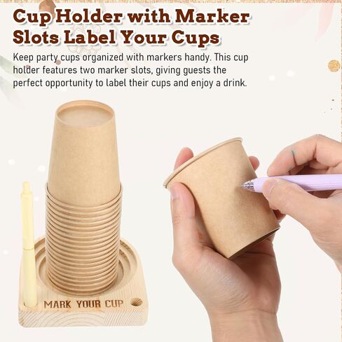 Wooden Cup Holder, Reusable Cup Dispenser Cups Holder with Marker Slot Cups Organizer Hosting Essentials Cookout Bar Accessories Decor for Drink Station Parties Outdoor Counter Picnic (Wood Color) in Saudi Arabia