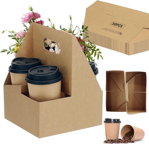 4 Cup Drink Coffee Carrier with Handle, 30Pcs Paper Cup Holders Drink Holders Cardboard Disposable Beverage Tray Foldable Kraft to Go 12oz-32oz for Food Delivery Takeout Hot Cold Drinks in Saudi Arabia