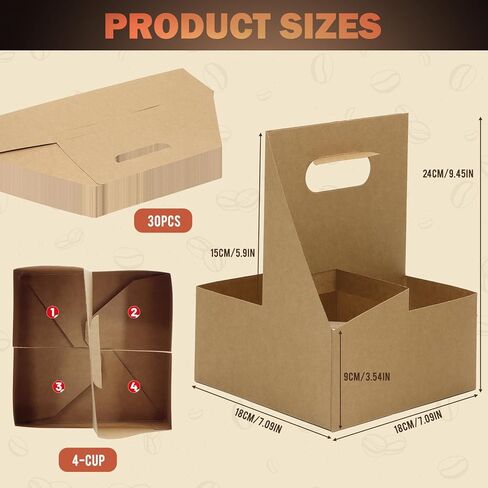 4 Cup Drink Coffee Carrier with Handle, 30Pcs Paper Cup Holders Drink Holders Cardboard Disposable Beverage Tray Foldable Kraft to Go 12oz-32oz for Food Delivery Takeout Hot Cold Drinks in Saudi Arabia