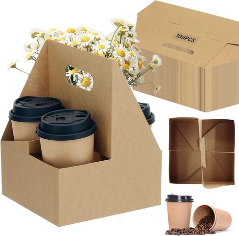 4 Cup Drink Coffee Carrier with Handle, 30Pcs Paper Cup Holders Drink Holders Cardboard Disposable Beverage Tray Foldable Kraft to Go 12oz-32oz for Food Delivery Takeout Hot Cold Drinks in Saudi Arabia