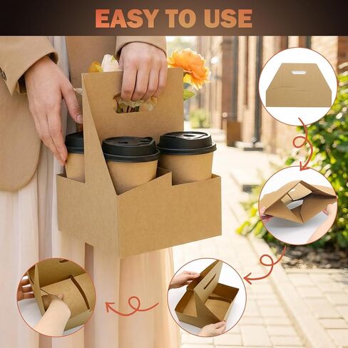4 Cup Drink Coffee Carrier with Handle, 30Pcs Paper Cup Holders Drink Holders Cardboard Disposable Beverage Tray Foldable Kraft to Go 12oz-32oz for Food Delivery Takeout Hot Cold Drinks in Saudi Arabia