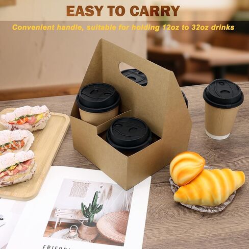 4 Cup Drink Coffee Carrier with Handle, 30Pcs Paper Cup Holders Drink Holders Cardboard Disposable Beverage Tray Foldable Kraft to Go 12oz-32oz for Food Delivery Takeout Hot Cold Drinks in Saudi Arabia