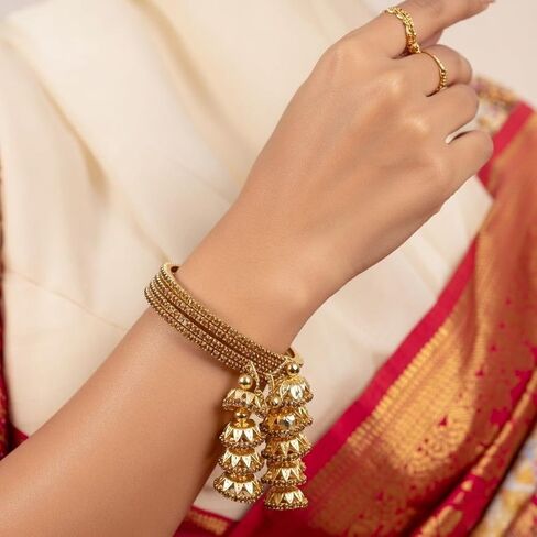 Efulgenz Bangle Sets for Women Indian Bangles with Hanging Jhumka Indian Bollywood Traditional Rhinestone Crystal Wedding Jhumka Tassel Bracelet Bangle Set Jewelry in Saudi Arabia