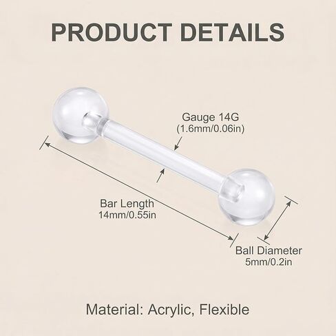 20Pcs 14G 12MM Transparent Acrylic Barbell Tongue Nipple Rings Flexible Straight Bar Body Piercing Jewelry Retainers for Women Men Work Sports in Saudi Arabia