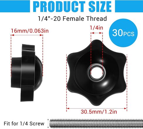 30pcs 1/4-20 Star Knobs,1/4"-20 Female Threaded Star Knobs,Hexagon Head Through Hole Clamping Knob,Black Nylon Screw-On Type Thru Threaded Knob Nuts for T Track Bolts,Machine Tool in Saudi Arabia