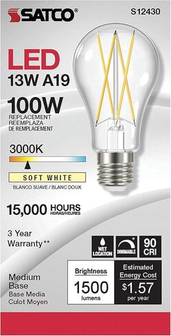مجموعة من 6 مصابيح LED قابلة للتعتيم من ساتكو، S12430، لومن عالي، 12.5 وات، A19، شفاف، قاعدة متوسطة، 3000 كلفن، 90 CRI، 120 فولت للاستخدام في الأماكن السكنية والضيافة والعرض والتجارية in Saudi Arabia