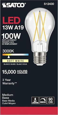 مجموعة من 6 مصابيح LED قابلة للتعتيم من ساتكو، S12430، لومن عالي، 12.5 وات، A19، شفاف، قاعدة متوسطة، 3000 كلفن، 90 CRI، 120 فولت للاستخدام في الأماكن السكنية والضيافة والعرض والتجارية in Saudi Arabia