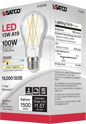 مجموعة من 6 مصابيح LED قابلة للتعتيم من ساتكو، S12430، لومن عالي، 12.5 وات، A19، شفاف، قاعدة متوسطة، 3000 كلفن، 90 CRI، 120 فولت للاستخدام في الأماكن السكنية والضيافة والعرض والتجارية in Saudi Arabia