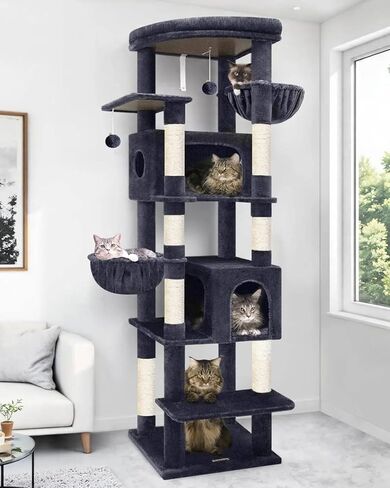 S74 Heavy Duty Cat Tree, 74in Sturdy Cat Tree for Large Cats 20 lbs, Big Cat Tree with 5 Sisal Scratching Posts, 2 Padded Condos, 2 Dual-Ear Hanging Baskets, Enlarged Top Perch, Dark Grey in Kuwait