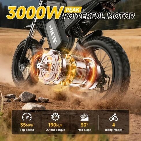 Electric Dirt Bike for Adults - Peak 1500W/3000W Electric Bikes, 28-35MPH, 48V/52V 15.6Ah/25Ah/40Ah, 70-120 Mile(PAS Mode), 16/20 Inch All-Terrain Fat Tire Electric Motorcycle in Kuwait
