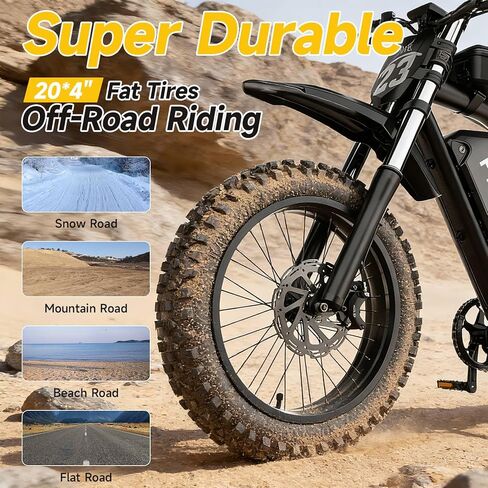Electric Dirt Bike for Adults - Peak 1500W/3000W Electric Bikes, 28-35MPH, 48V/52V 15.6Ah/25Ah/40Ah, 70-120 Mile(PAS Mode), 16/20 Inch All-Terrain Fat Tire Electric Motorcycle in Kuwait
