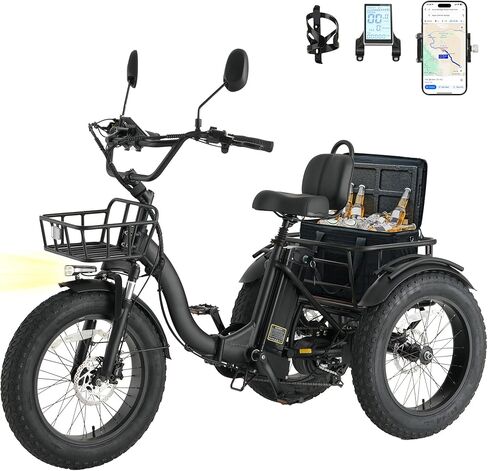 دراجة ثلاثية العجلات كهربائية من Skeri للبالغين، محرك Etrike بقدرة 750 وات (الذروة 1350 وات)، دراجة ثلاثية العجلات كهربائية قابلة للطي بإطار سميك مقاس 20 بوصة × 4 بوصة، بطارية 48 فولت 13 أمبير في الساعة، دراجة كهربائية ثلاثية العجلات، 20 ميلاً في الساعة،  in Saudi Arabia