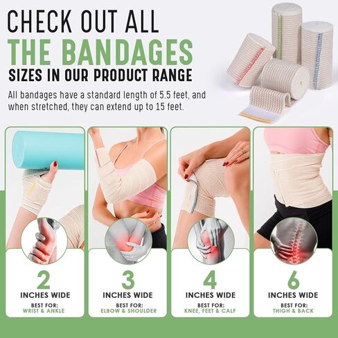 Premium Elastic Bandage Wrap (6" 3 Pack) - Hook & Loop Fasteners at Both Ends - Latex Free Hypoallergenic Compression Roll - Reusable Bandages for Waist, Legs, Elbow & Knee Wrap in Kuwait