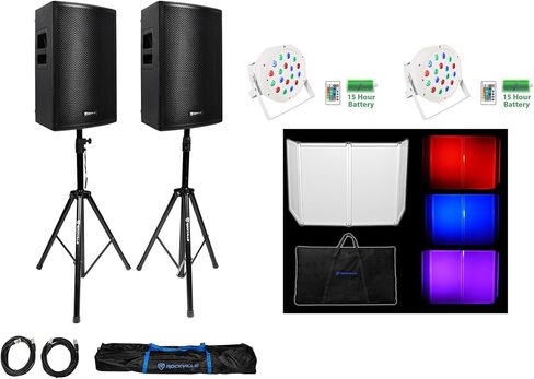 حزمة Rockville PLX12: (2) مكبرات صوت PA تعمل بقدرة 3000 وات/750 وات RMS، (2) بطارية PAR 50 LED DMX مصابيح غسيل، RFAAW 112 × 48 بوصة DJ Event Facade Booth، حامل مكبر صوت ثلاثي الأرجل، 8 قطع in Kuwait
