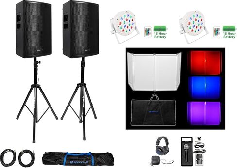 حزمة Rockville PLX12 DJ: (2) مكبرات صوت 12 بوصة 3000 وات الذروة/750 وات RMS، واجهة RFAAW DJ، (2) بطارية PAR 50 مصباح غسيل، سماعات رأس DJ1500، ميكروفون RMC-XLR، حامل مكبر صوت، 10 قطع in Saudi Arabia