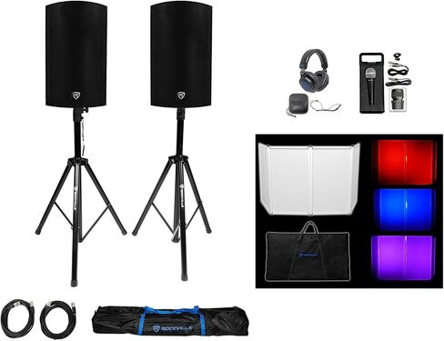 حزمة Rockville TITAN15 v2: زوج من مكبرات الصوت DJ PA بقدرة 15 بوصة بقدرة 2000 وات / 500 وات RMS، وحامل ثلاثي القوائم مع كابلات XLR، وواجهة RFAAW DJ، وسماعات DJ1500، وميكروفون RMC-XLR، و7 عناصر in Saudi Arabia